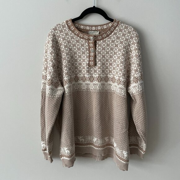 Huntington Ridge Snowflake Pattern Crew Neck Pullover Casual Sweater Brown L - Picture 2 of 10